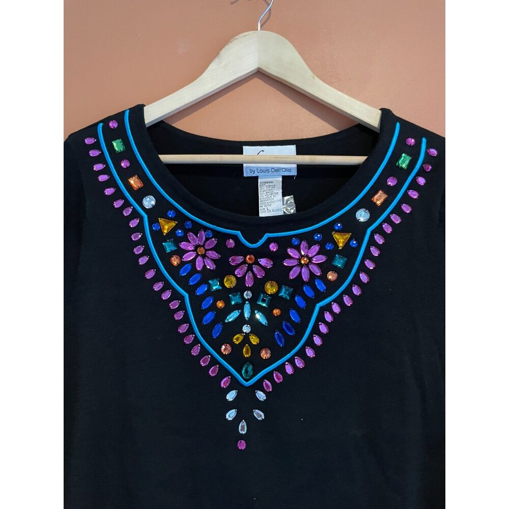 Linea by Louis Dell’Olio Jeweled Black Tunic Top Colorful Rhinestone art Size L